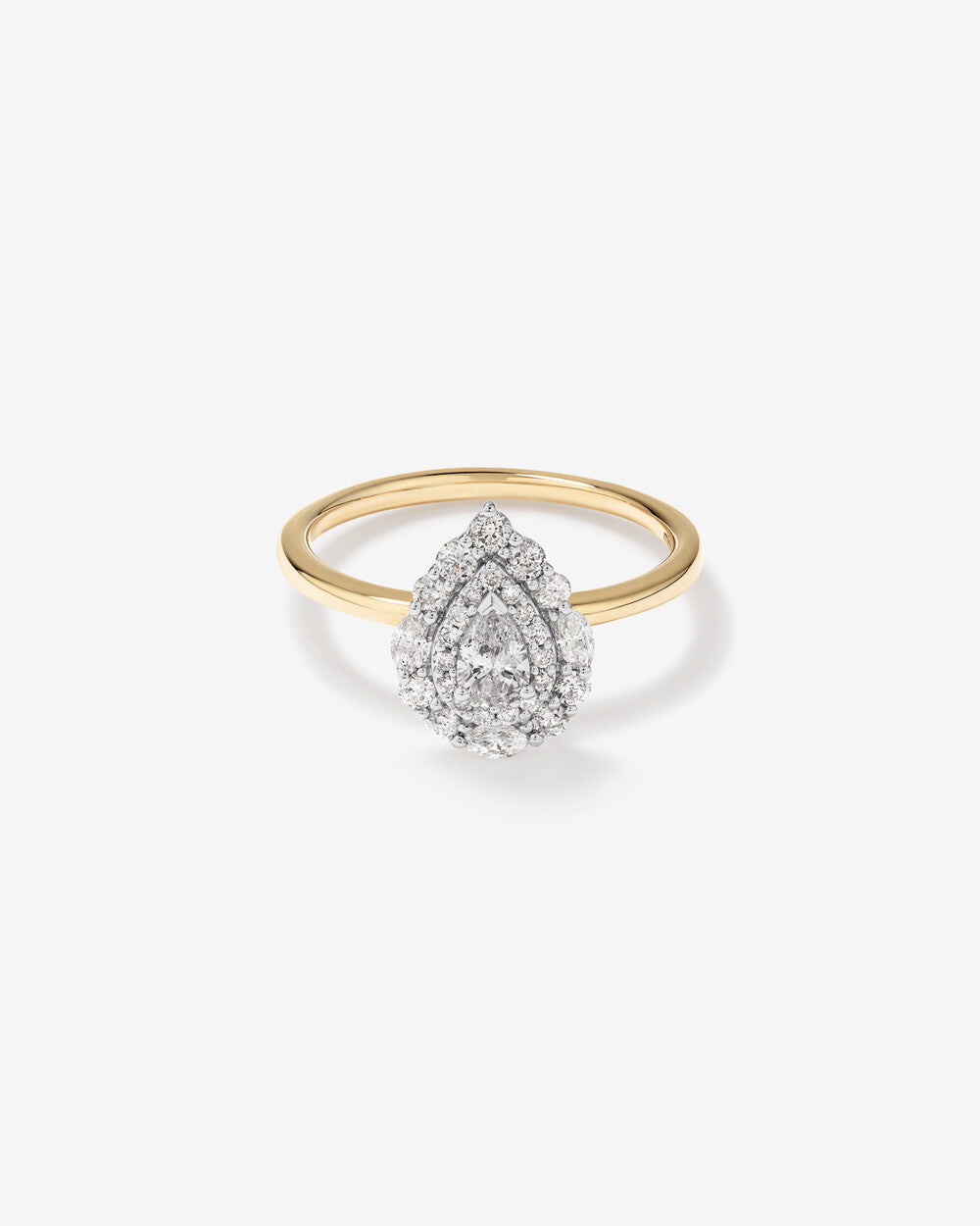 0.67 Carat TW Pear Cut Diamond Marquise and Round Brilliant Halo Engagement Ring in 14kt Yellow and White Gold Revat Jewels