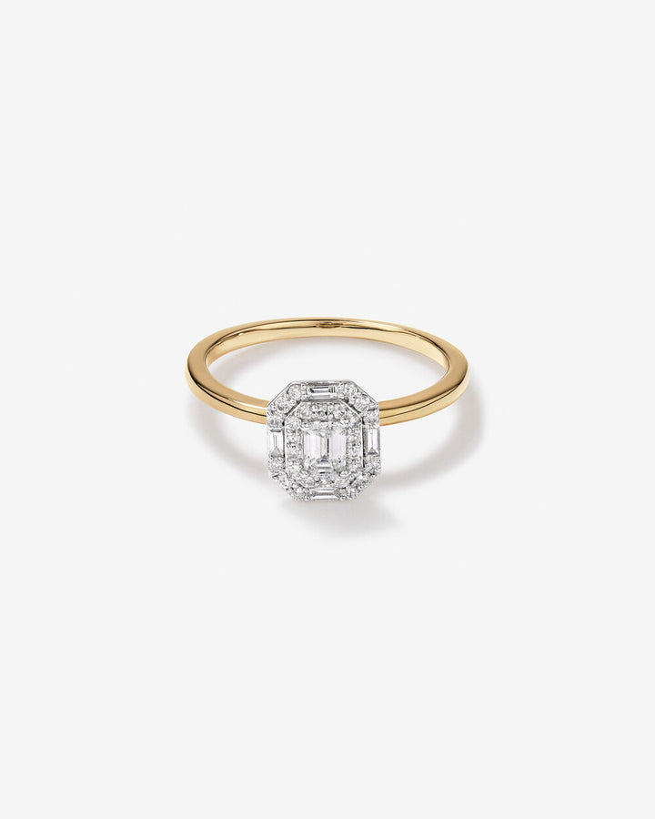 0.51 Carat TW Emerald Cut Diamond Baguette and Round Brilliant Halo Engagement Ring in 14kt Yellow and White Gold