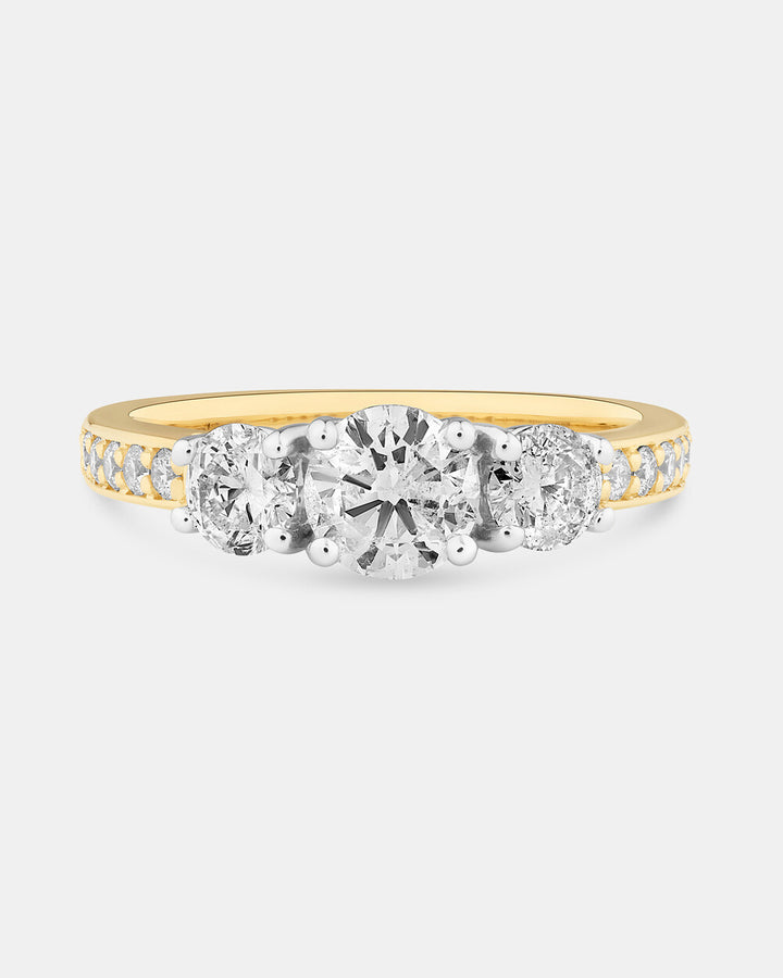 Three Stone Engagement Ring with 1 1/2 Carat TW of Diamonds in 14kt Yellow/White Gold