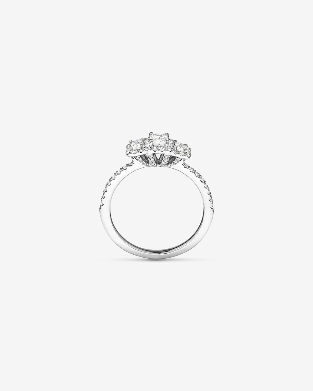 0.80 Carat TW Three Stone Emerald Cut Halo Engagement Ring in 14kt White Gold Revat Jewels