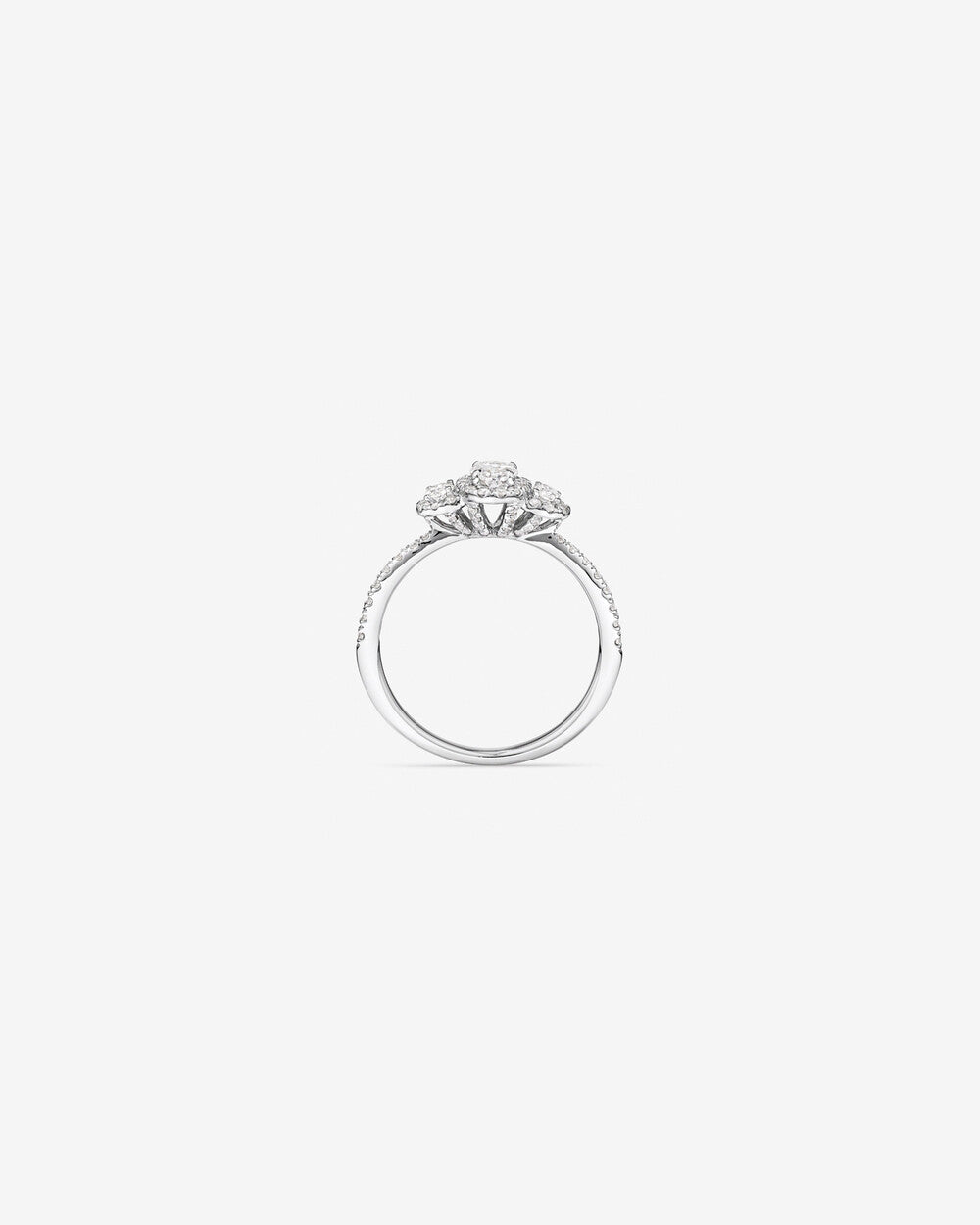 0.77 Carat TW Three Stone Oval Cut Halo Engagement Ring in 14kt White Gold Revat Jewels