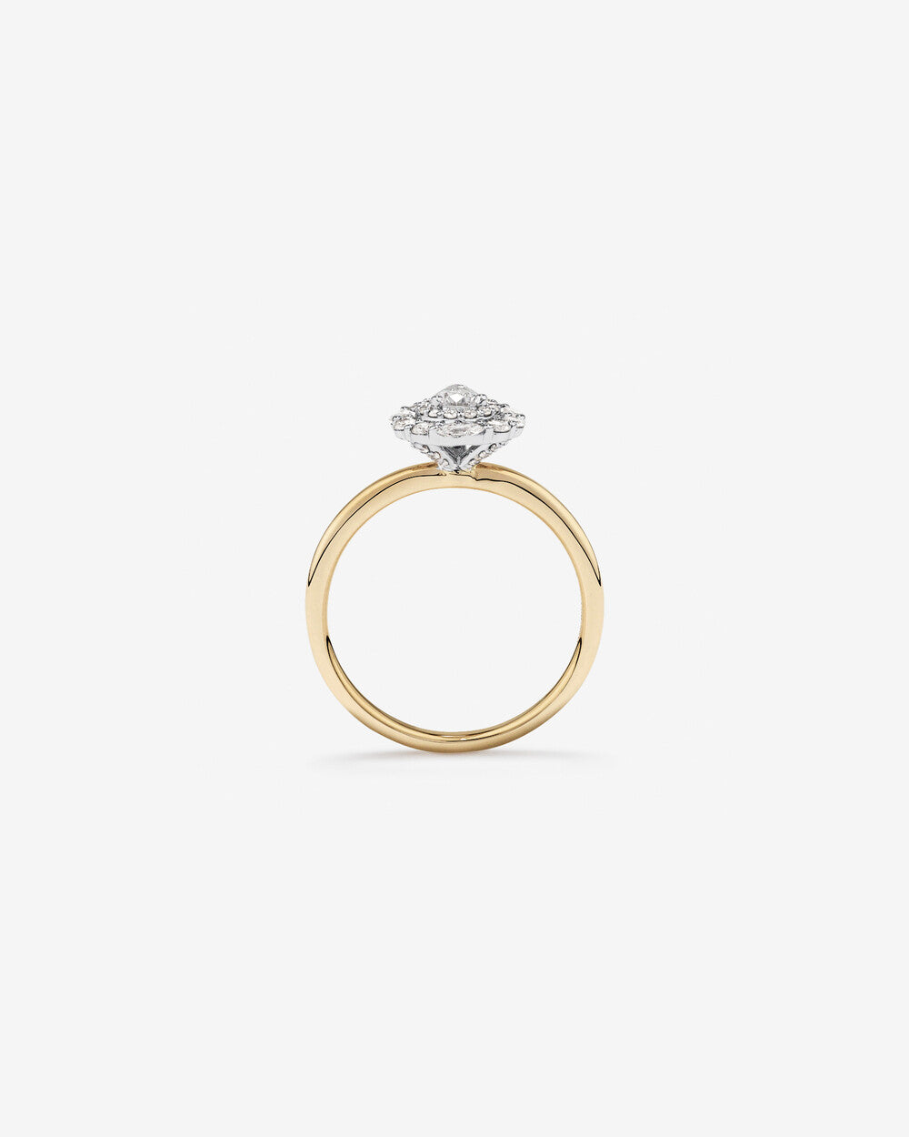 0.67 Carat TW Pear Cut Diamond Marquise and Round Brilliant Halo Engagement Ring in 14kt Yellow and White Gold Revat Jewels