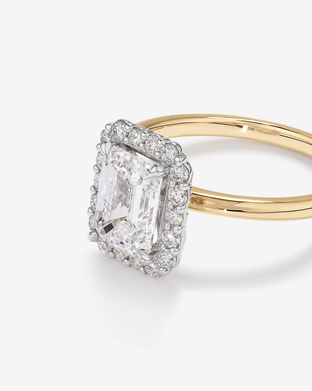2.34 Carat TW Emerald Cut Laboratory-Grown Diamond Halo Engagement Ring in 14kt Yellow and White Gold Revat Jewels