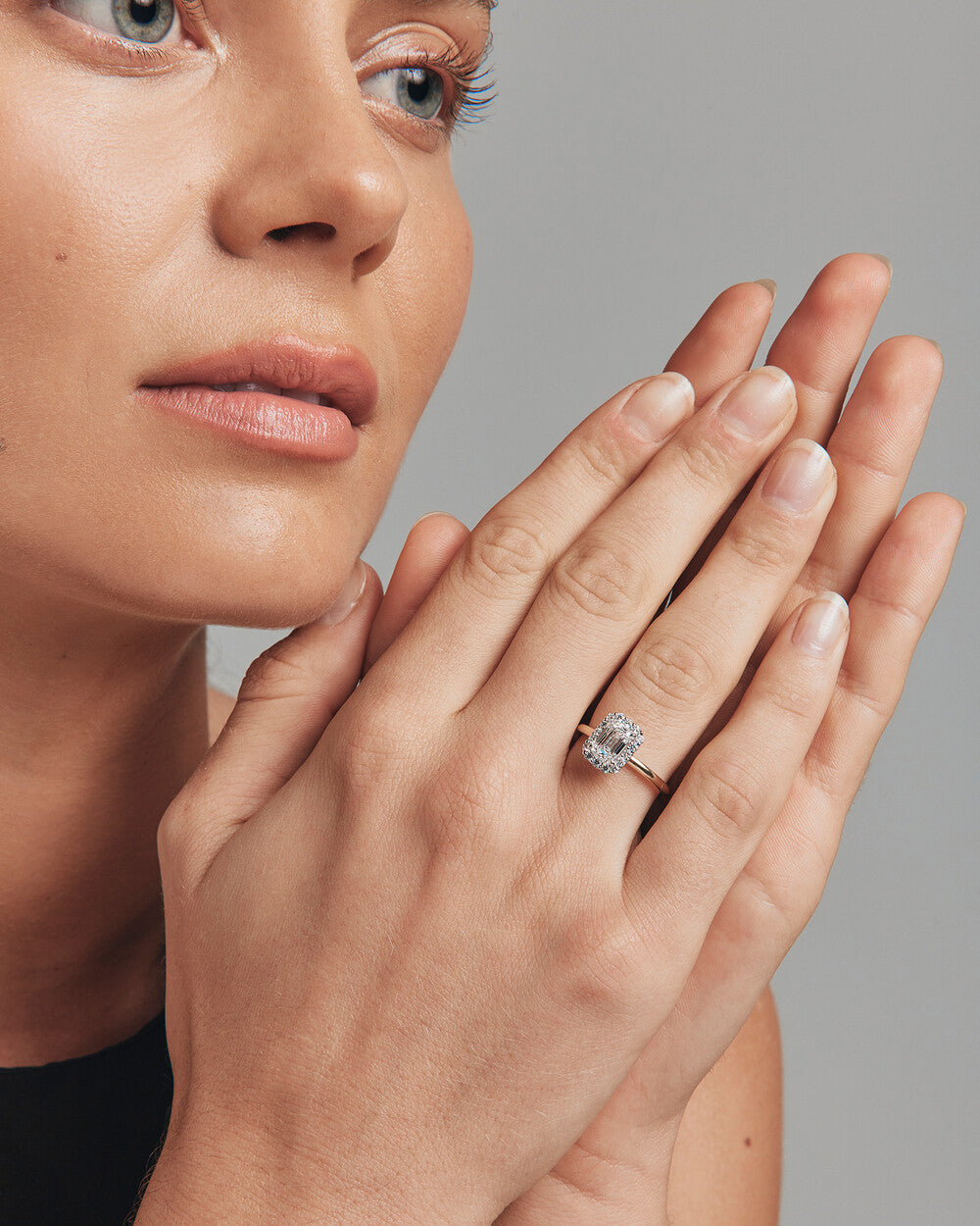 1.46 Carat TW Emerald Cut Laboratory-Grown Diamond Halo Engagement Ring in 14kt Yellow and White Gold Revat Jewels